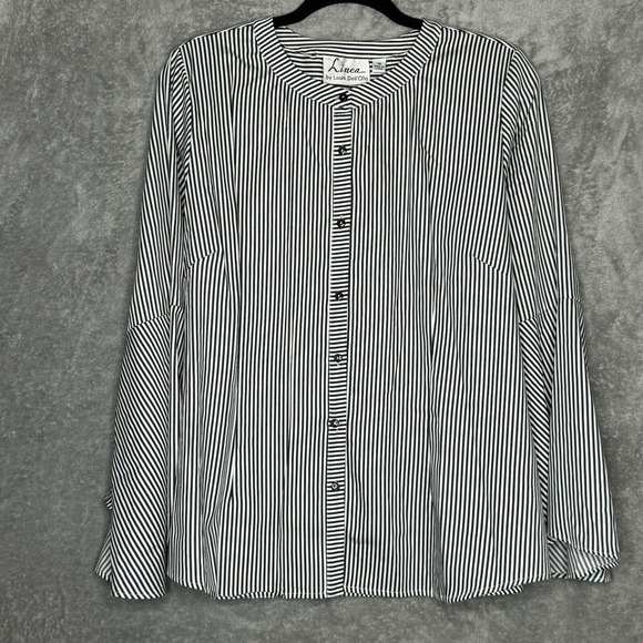 Linea 16 XL Top Shirt Black Striped Button Up Bell Long Sleeve Scoop Neck Women - Picture 1 of 7